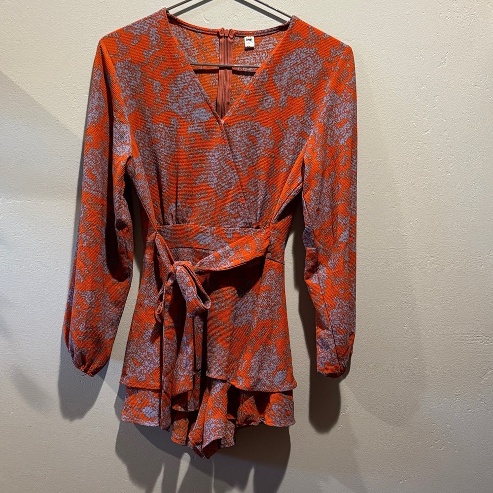 Classic Fashion Collection Orange Blue Long Sleeve Flowy Ruffle Romper Outfit